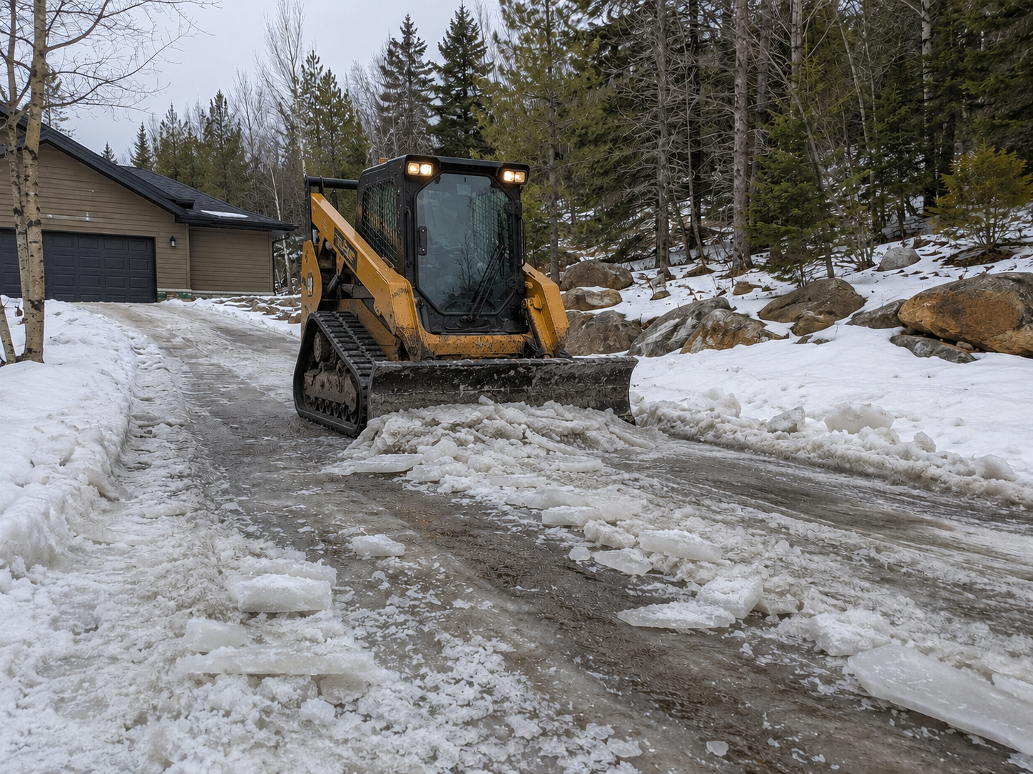 Snow and ice removal equipment clearing a property