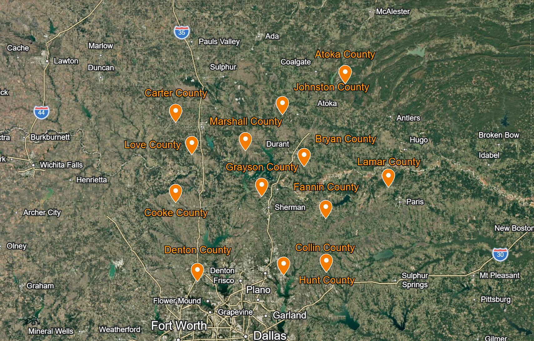 Map showing Triple R Dirt Works primary service area across the Texoma Region and surrounding counties